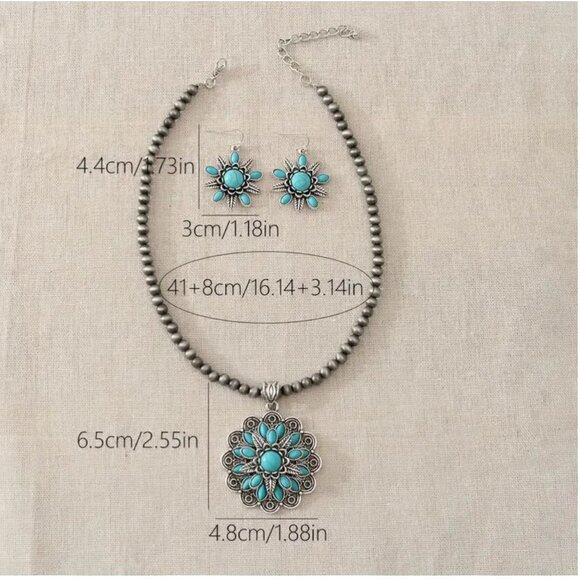 Boho Silver-Tone Floral Imitation Turquoise Necklace & Earrings Set - Picture 2 of 2